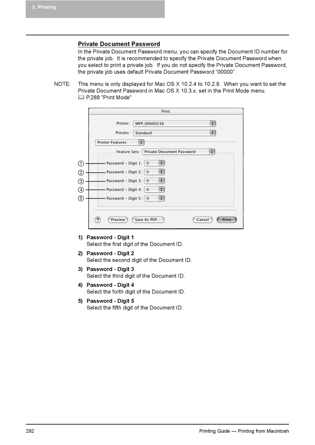 Toshiba 281C, 451C, 351C manual Private Document Password, Password Digit 