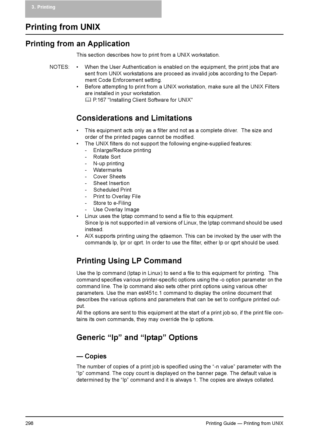 Toshiba 281C, 451C, 351C manual Printing from an Application, Printing Using LP Command, Generic lp and lptap Options, Copies 