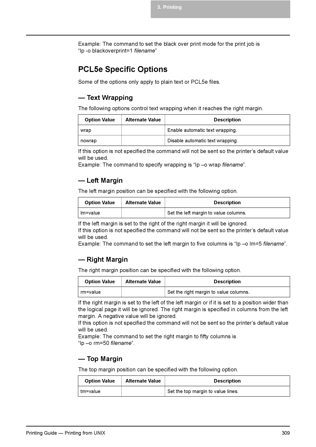 Toshiba 451C, 281C, 351C manual PCL5e Specific Options, Text Wrapping, Left Margin, Right Margin, Top Margin 