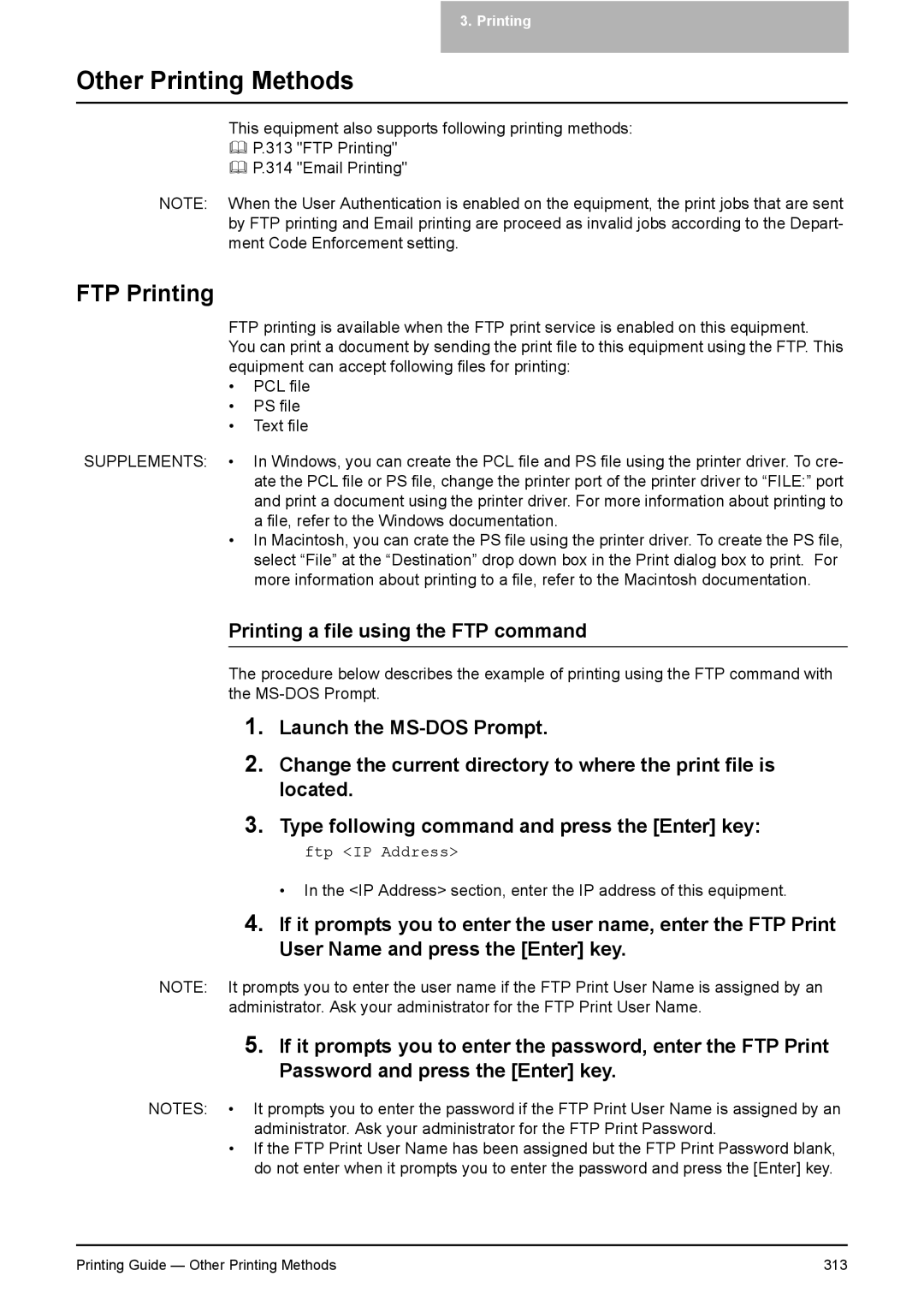 Toshiba 281C, 451C, 351C manual FTP Printing, Printing a file using the FTP command 