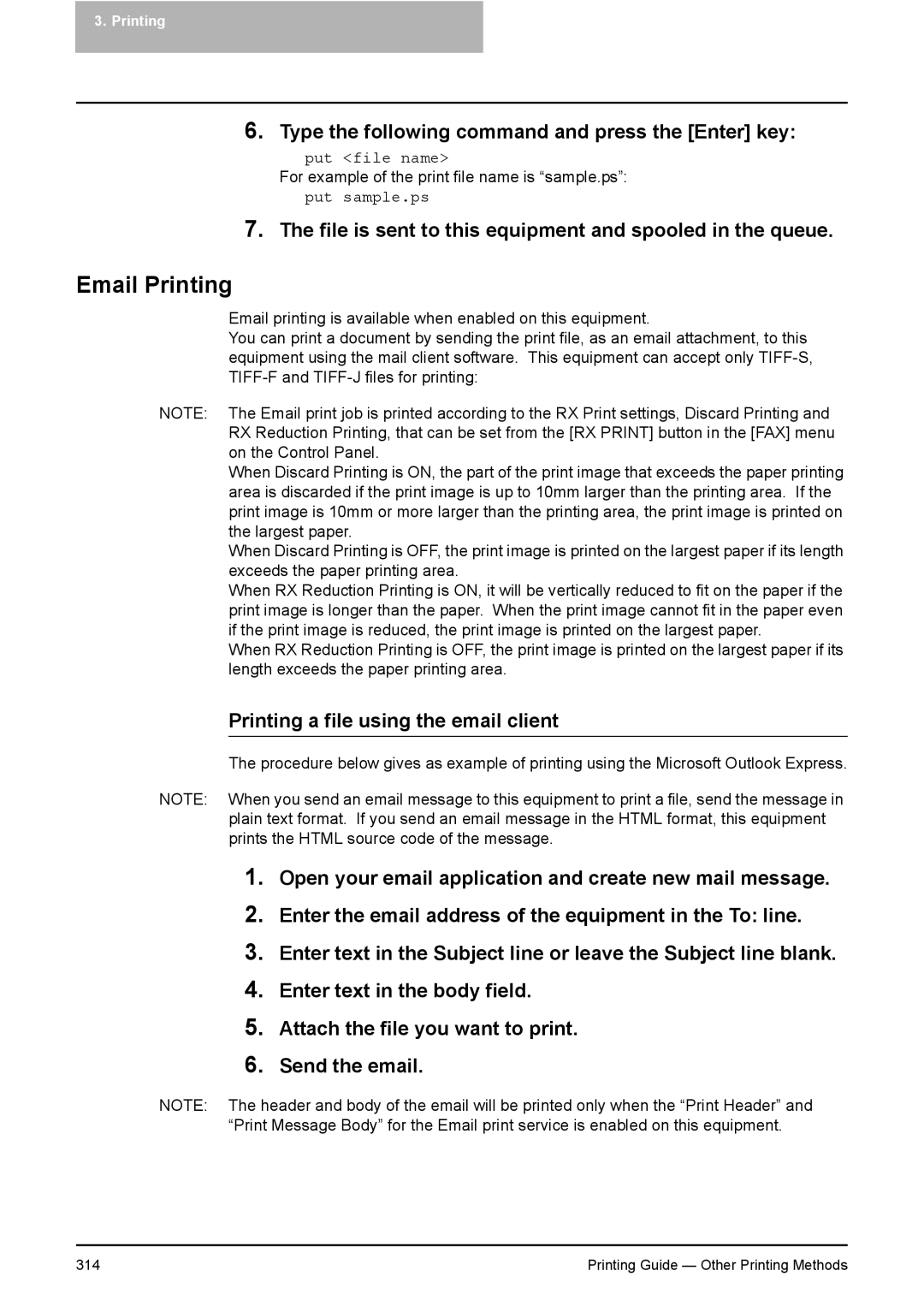 Toshiba 351C Email Printing, Type the following command and press the Enter key, Printing a file using the email client 