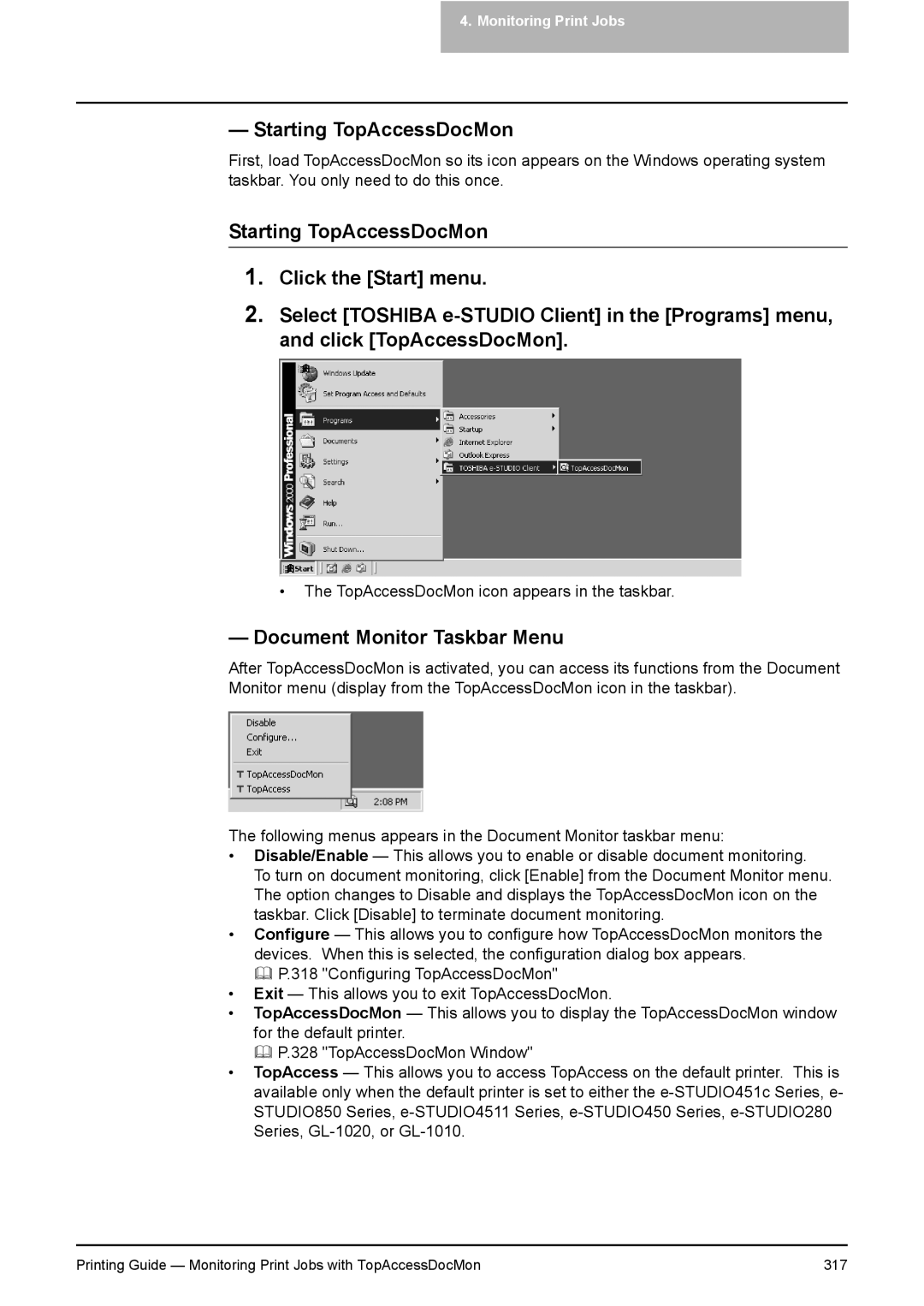 Toshiba 351C, 451C, 281C manual Starting TopAccessDocMon, Document Monitor Taskbar Menu 