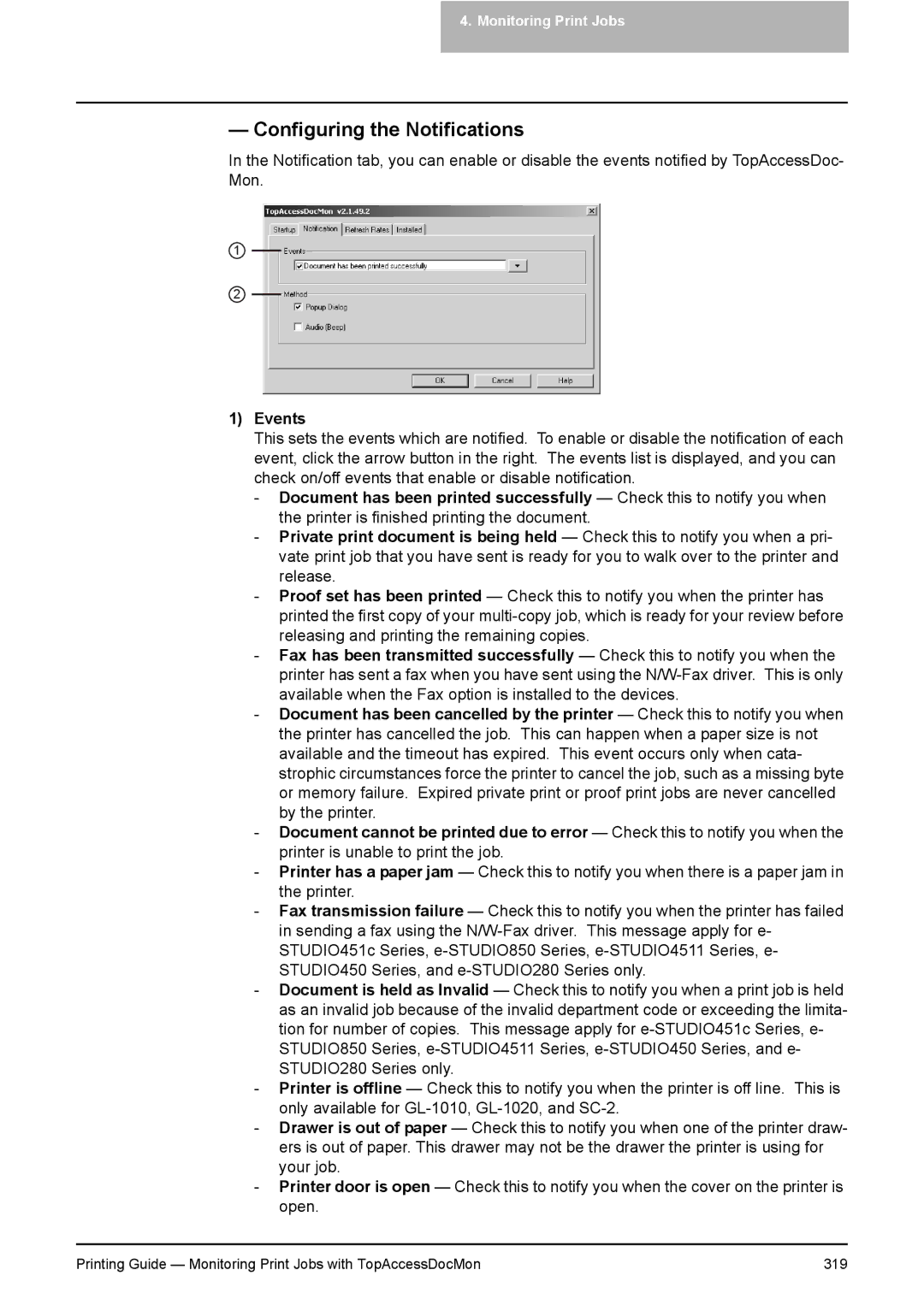 Toshiba 281C, 451C, 351C manual Configuring the Notifications, Events 