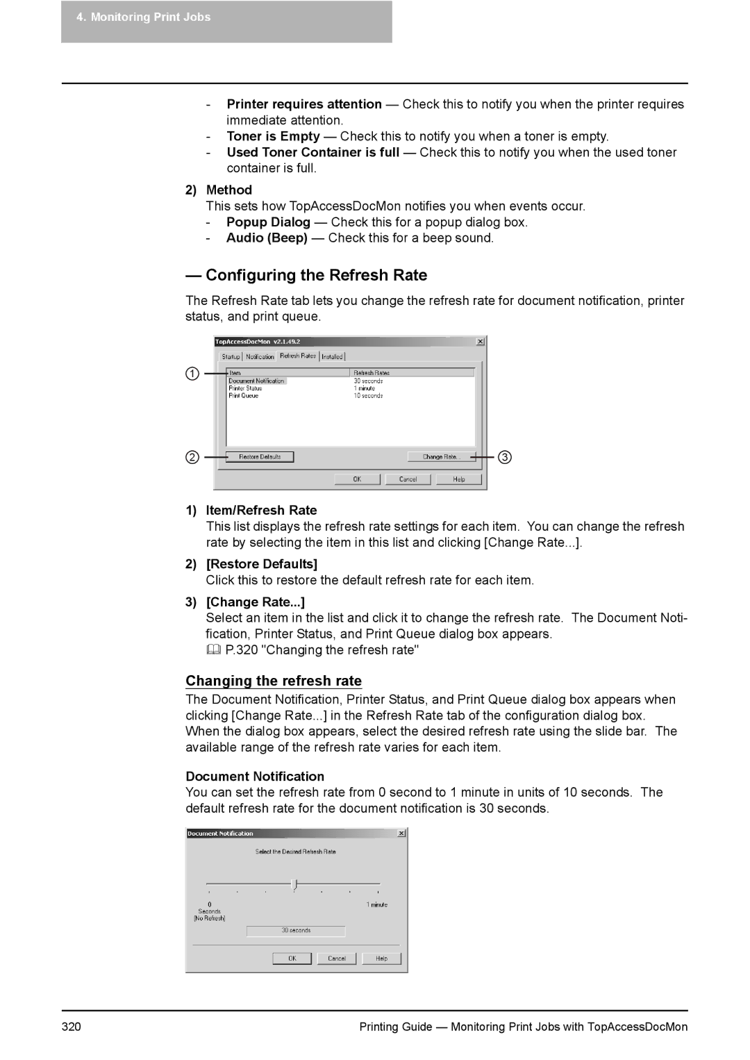 Toshiba 351C, 451C, 281C manual Configuring the Refresh Rate, Method, Item/Refresh Rate, Change Rate, Document Notification 