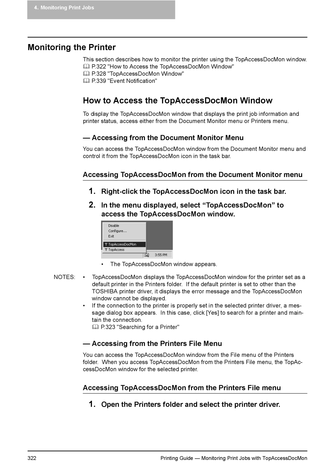 Toshiba 281C Monitoring the Printer, How to Access the TopAccessDocMon Window, Accessing from the Document Monitor Menu 