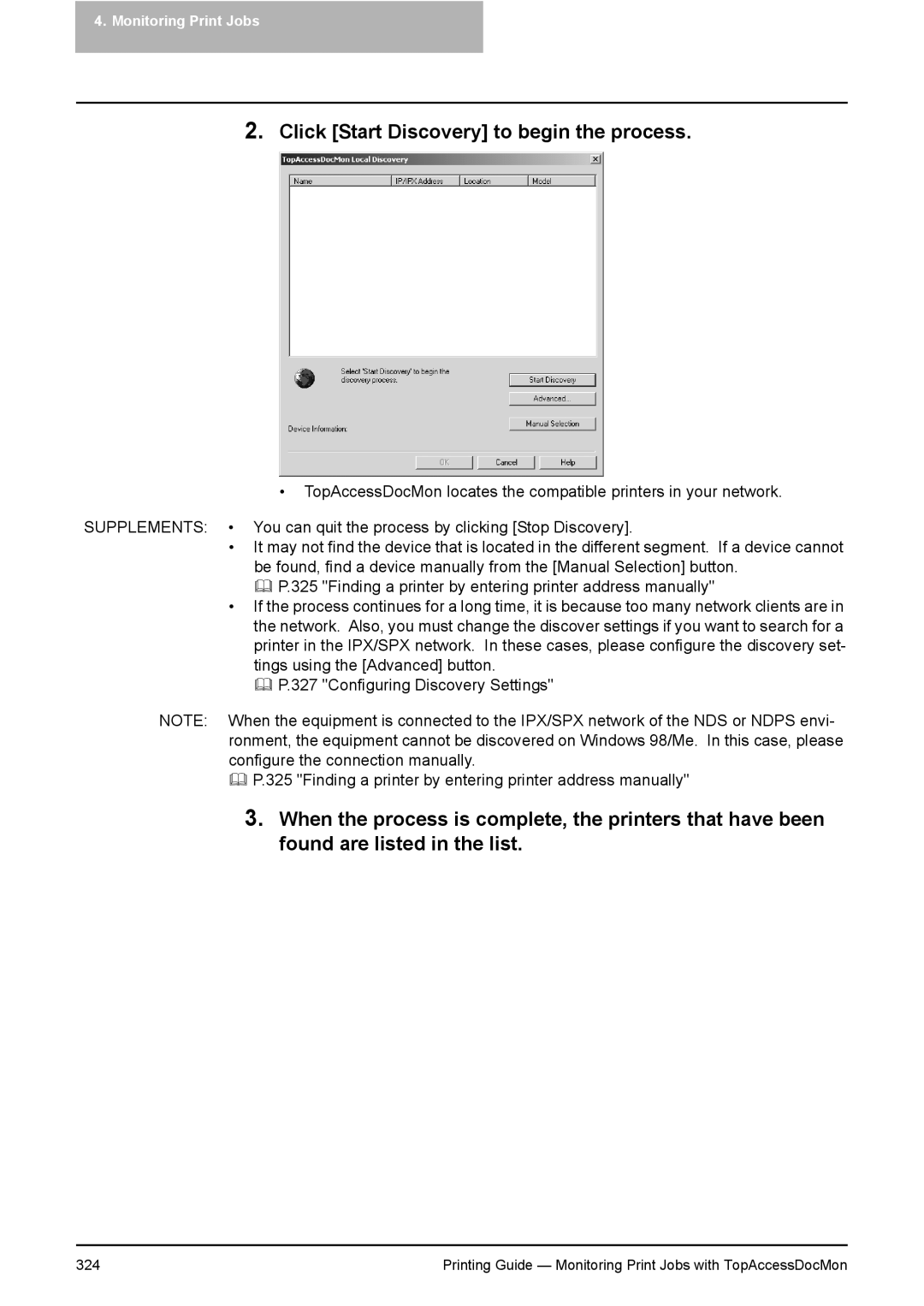 Toshiba 451C, 281C, 351C manual Click Start Discovery to begin the process 