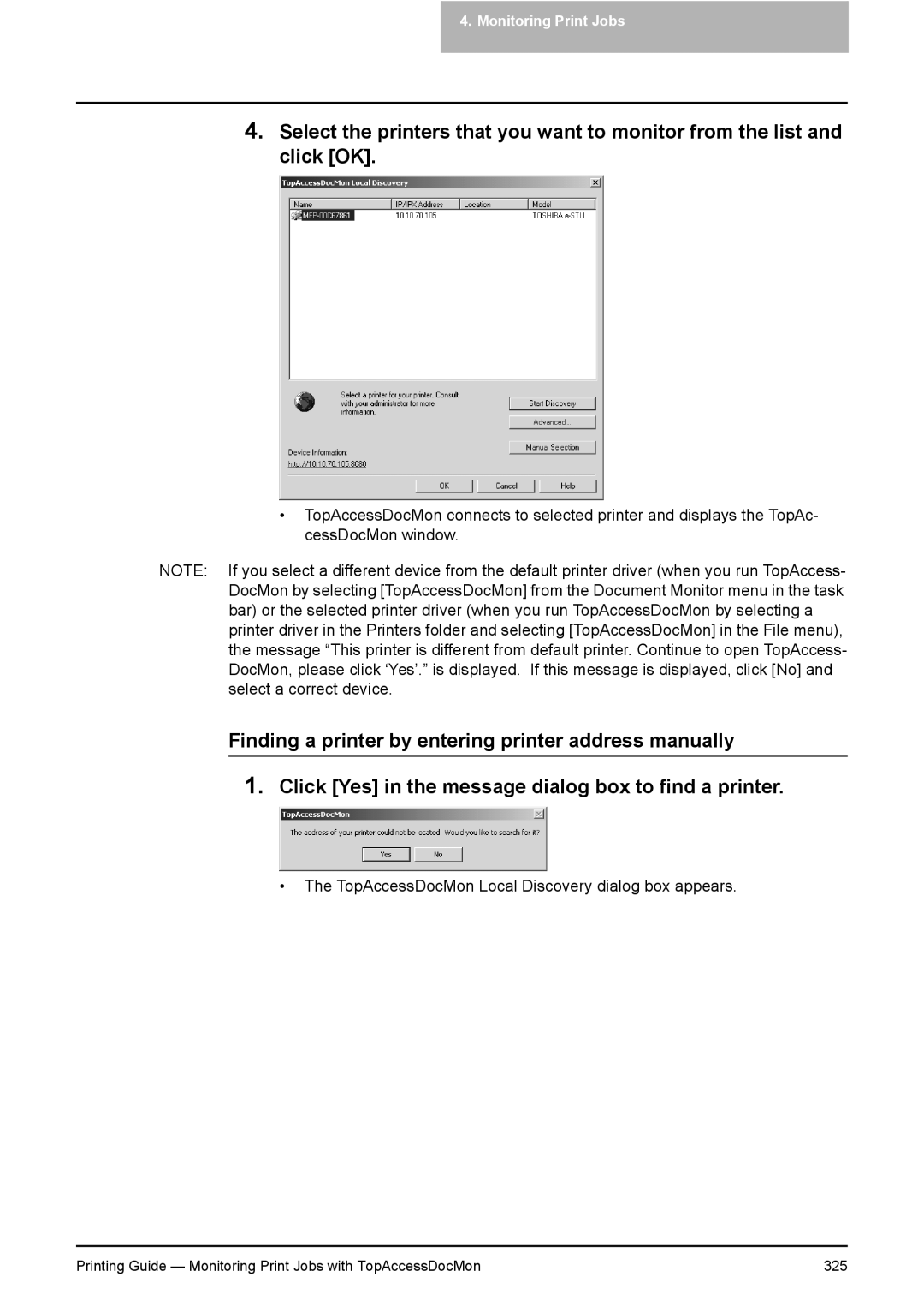 Toshiba 281C, 451C, 351C manual TopAccessDocMon Local Discovery dialog box appears 