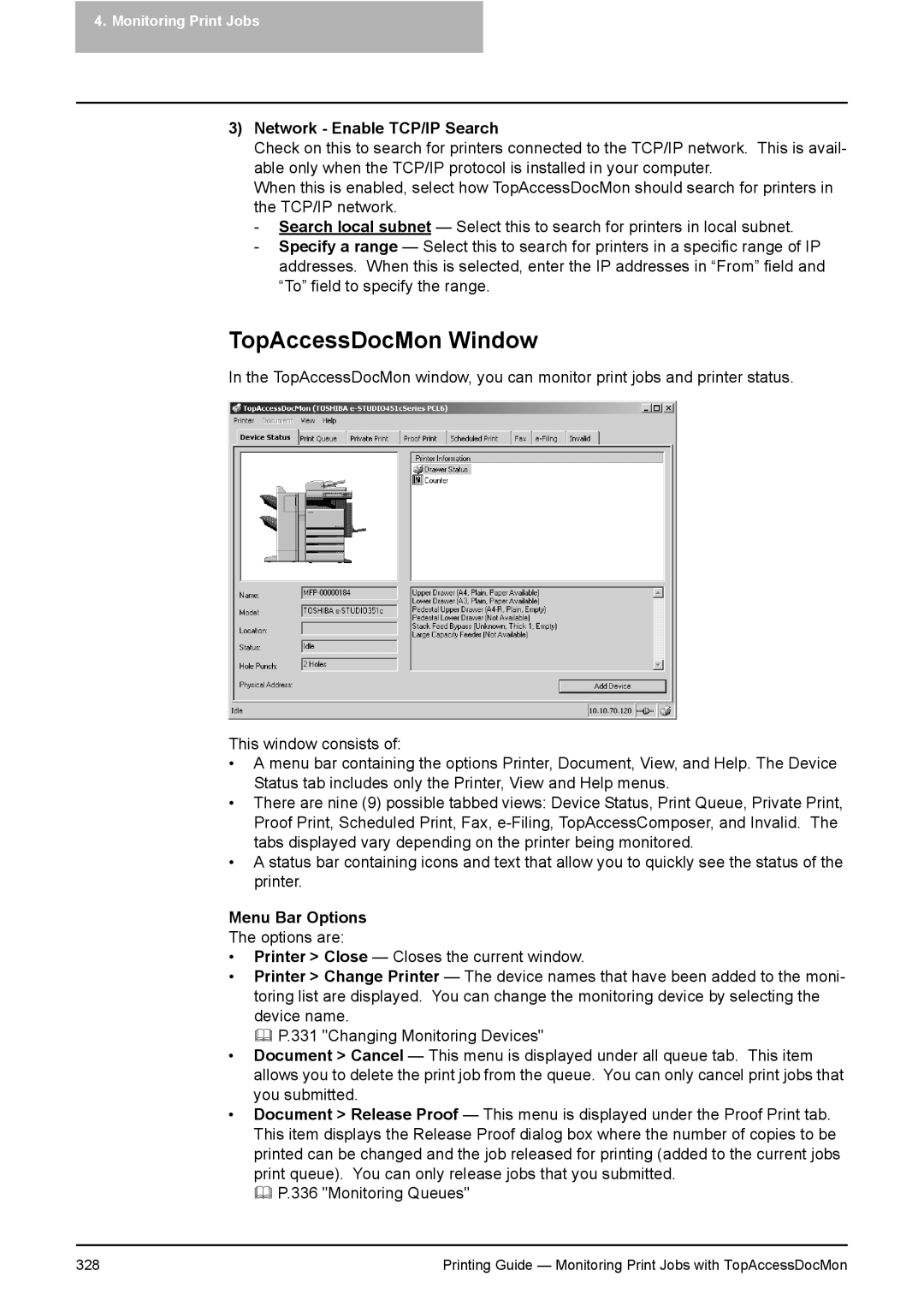 Toshiba 281C, 451C, 351C manual TopAccessDocMon Window, Network Enable TCP/IP Search, Menu Bar Options 