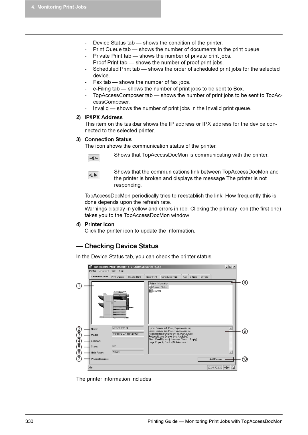 Toshiba 451C, 281C, 351C manual Checking Device Status, Connection Status, Printer Icon 