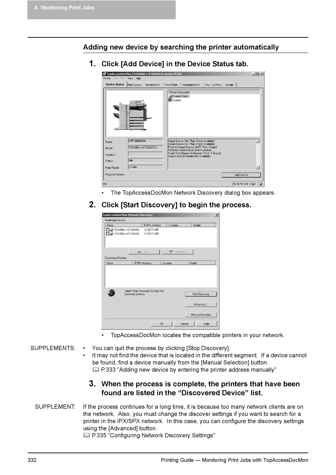 Toshiba 351C, 451C, 281C manual TopAccessDocMon Network Discovery dialog box appears 