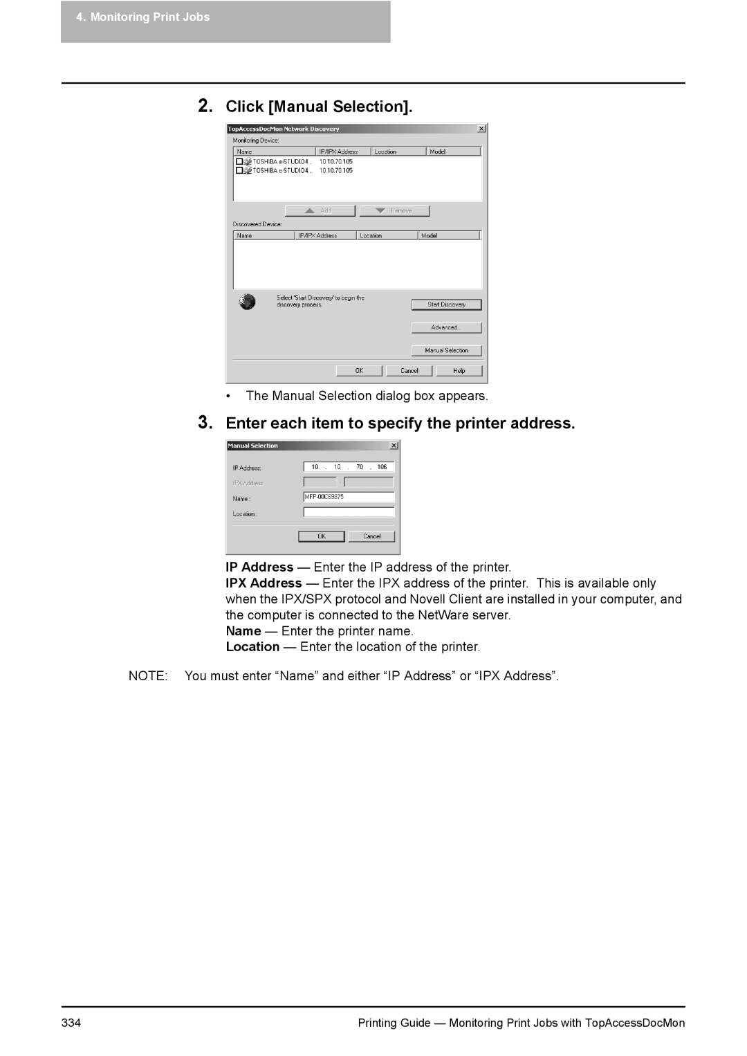 Toshiba 281C, 451C, 351C manual Click Manual Selection, Enter each item to specify the printer address 