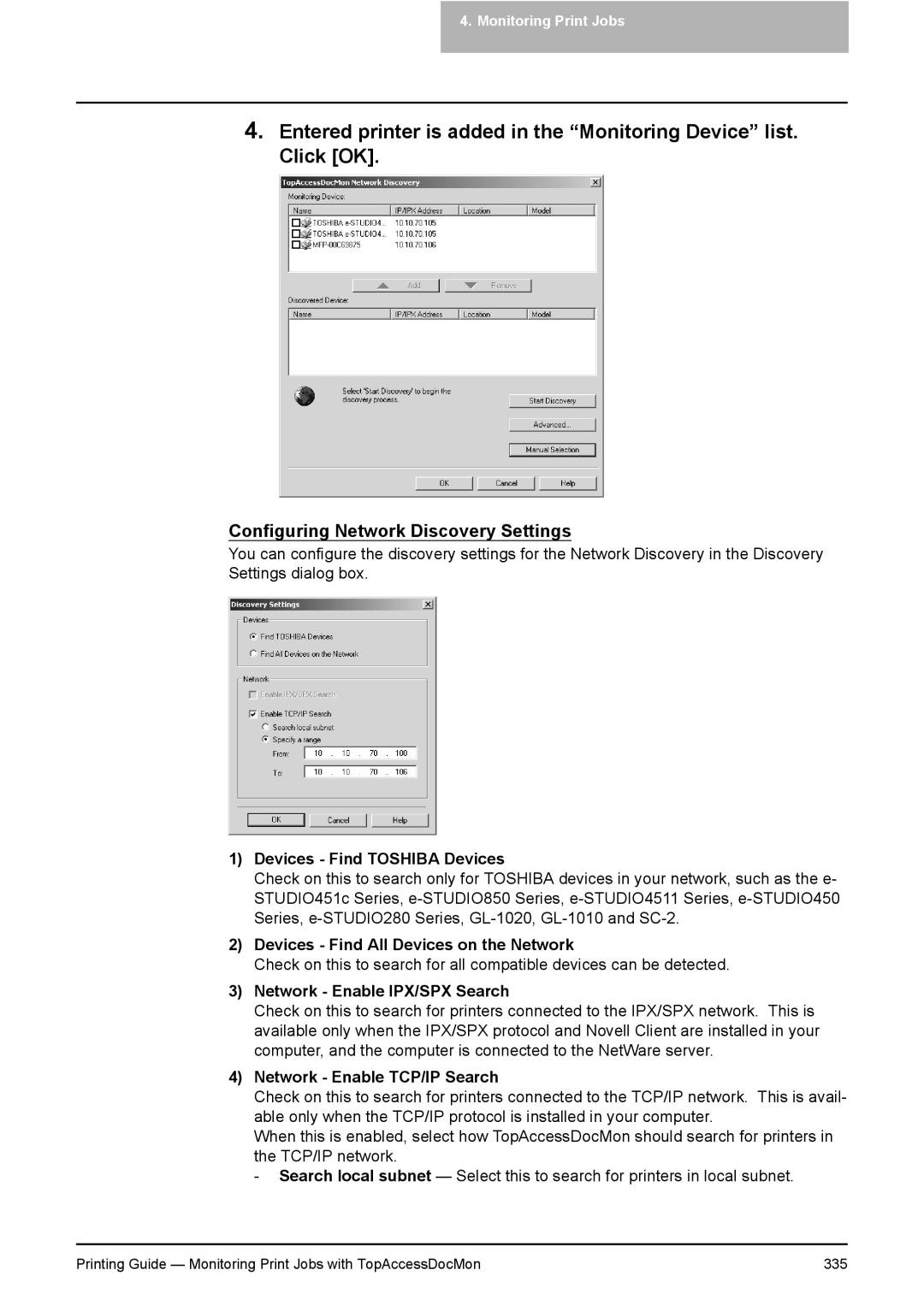 Toshiba 351C, 451C, 281C manual Devices Find Toshiba Devices, Devices Find All Devices on the Network 