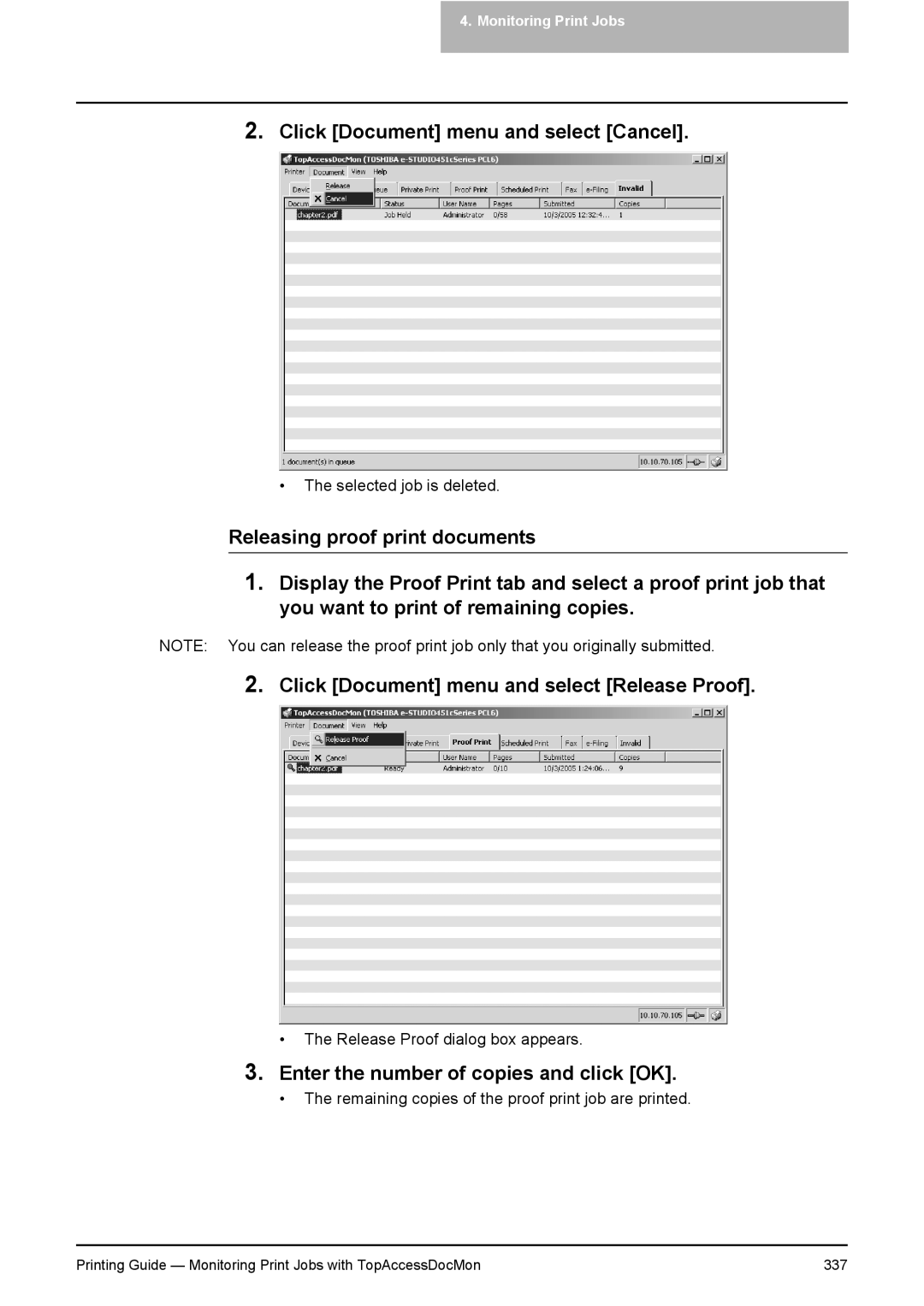 Toshiba 281C, 451C, 351C manual Click Document menu and select Cancel, Enter the number of copies and click OK 