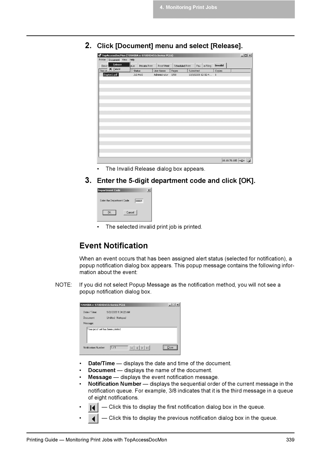 Toshiba 451C Event Notification, Click Document menu and select Release, Enter the 5-digit department code and click OK 