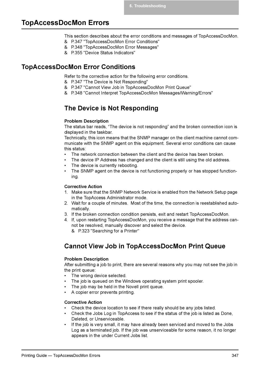 Toshiba 351C TopAccessDocMon Error Conditions, Device is Not Responding, Cannot View Job in TopAccessDocMon Print Queue 