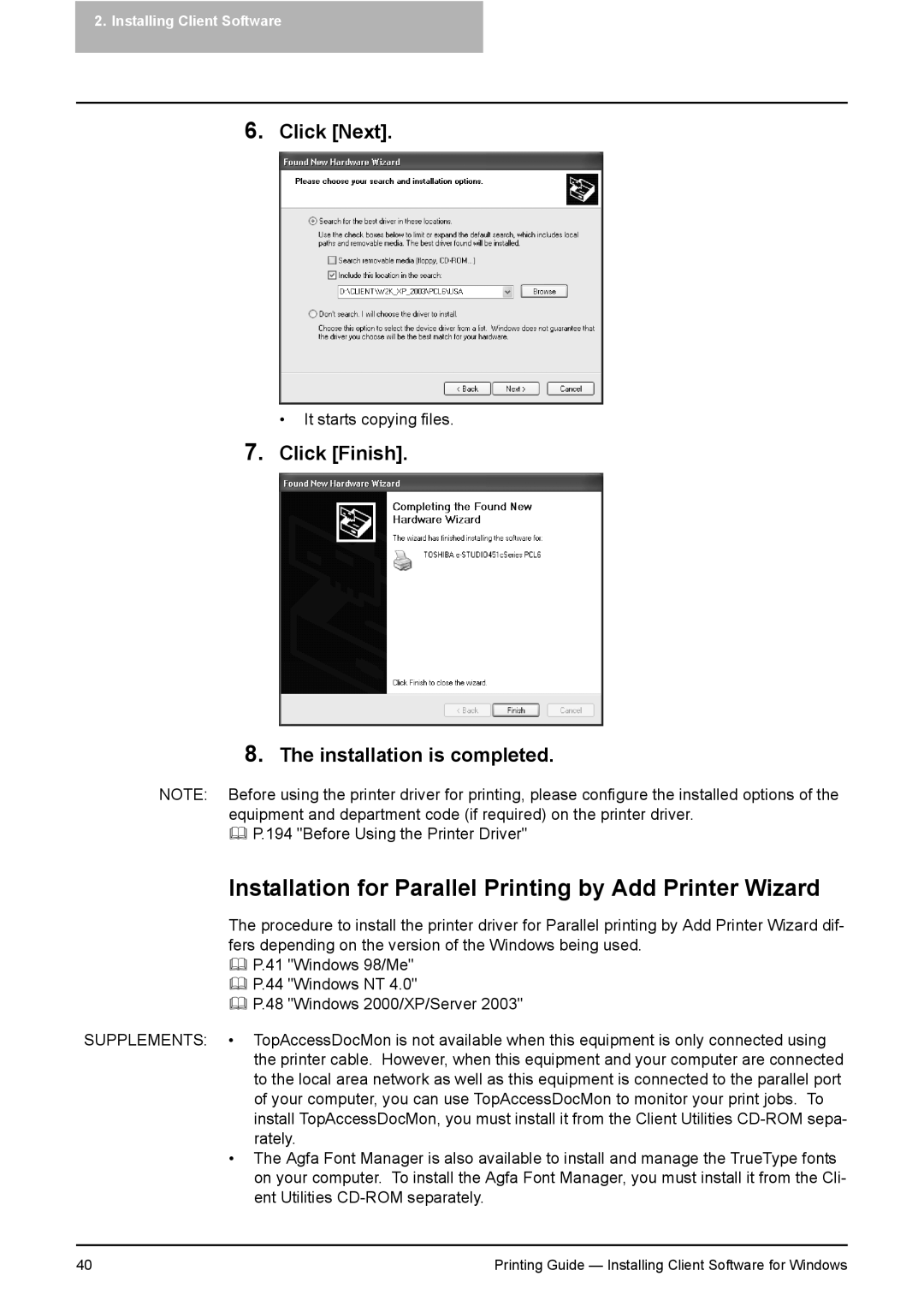 Toshiba 281C, 451C, 351C manual Installation for Parallel Printing by Add Printer Wizard, Click Next 