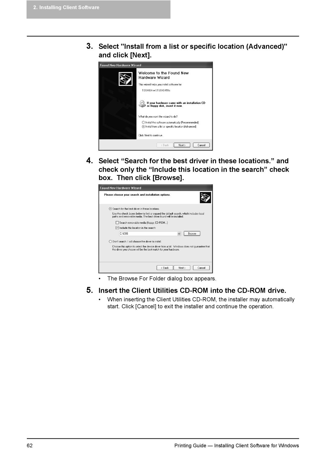 Toshiba 351C, 451C, 281C manual Insert the Client Utilities CD-ROM into the CD-ROM drive 