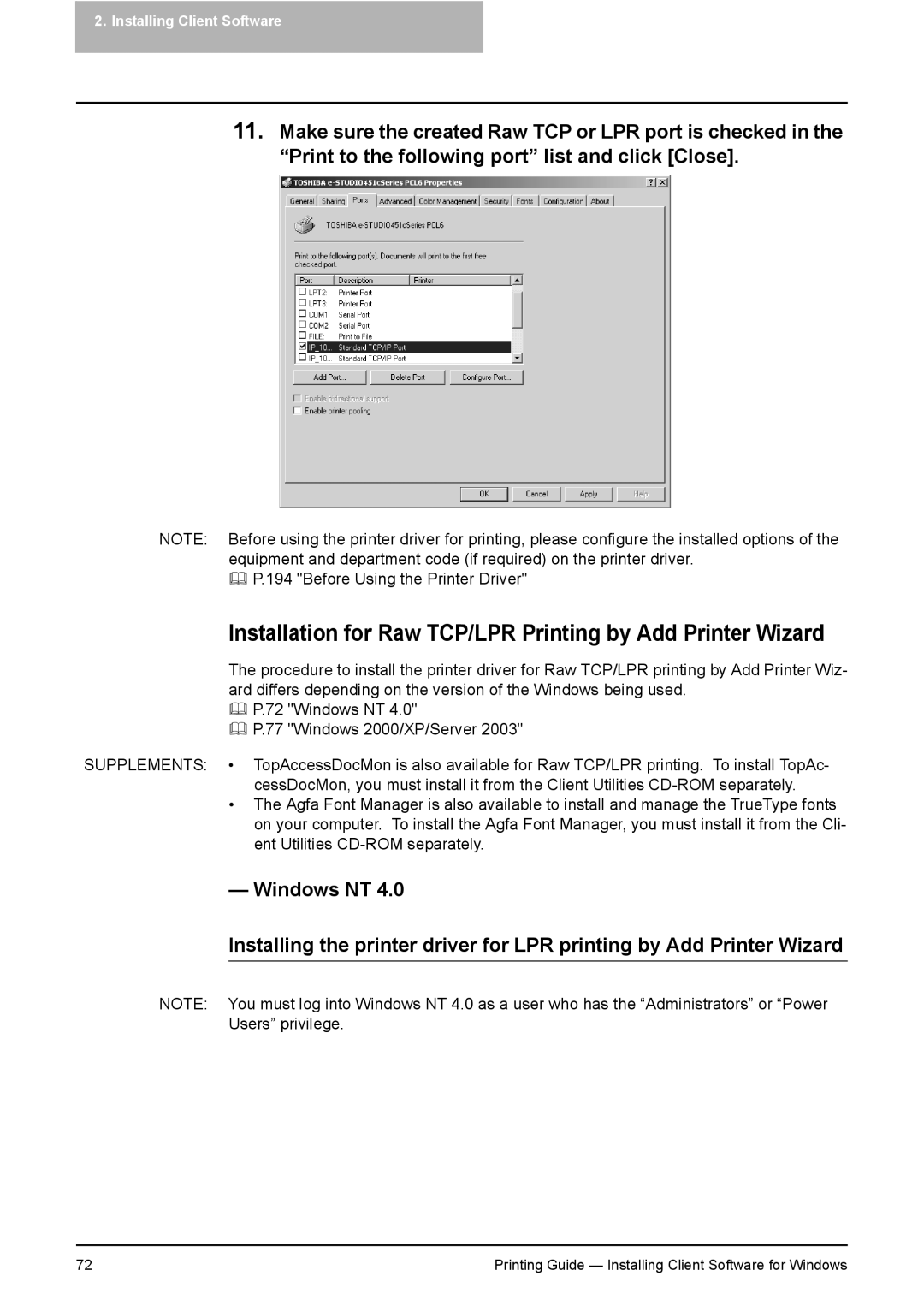 Toshiba 451C, 281C, 351C manual Installation for Raw TCP/LPR Printing by Add Printer Wizard 