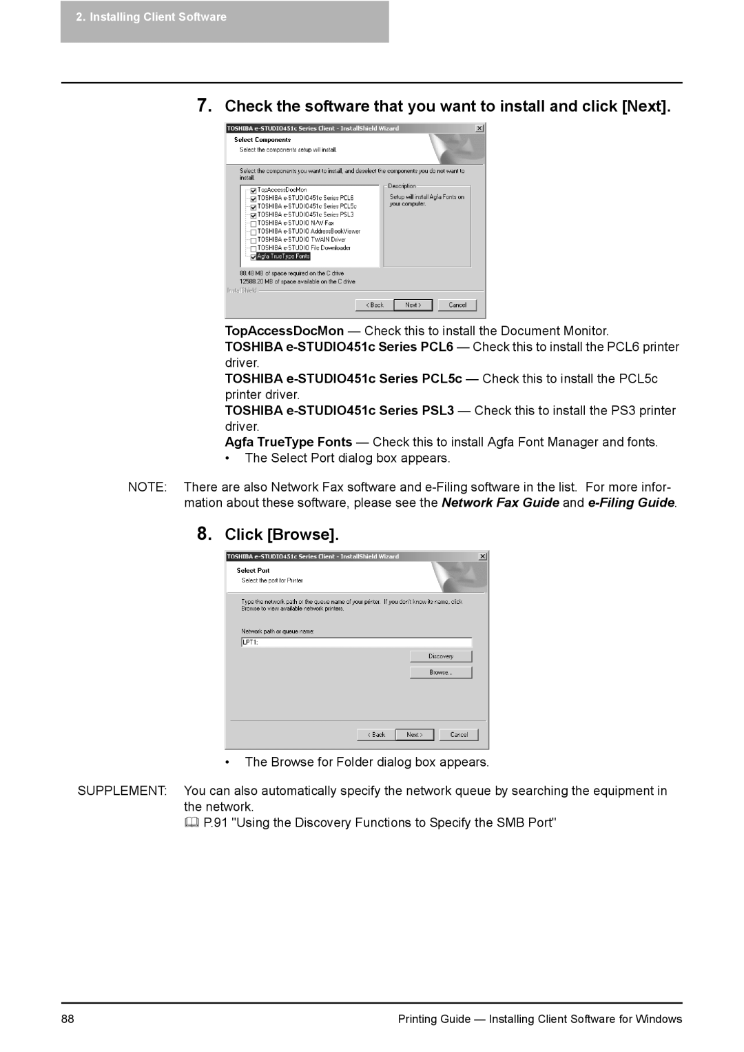 Toshiba 281C, 451C, 351C manual Check the software that you want to install and click Next 