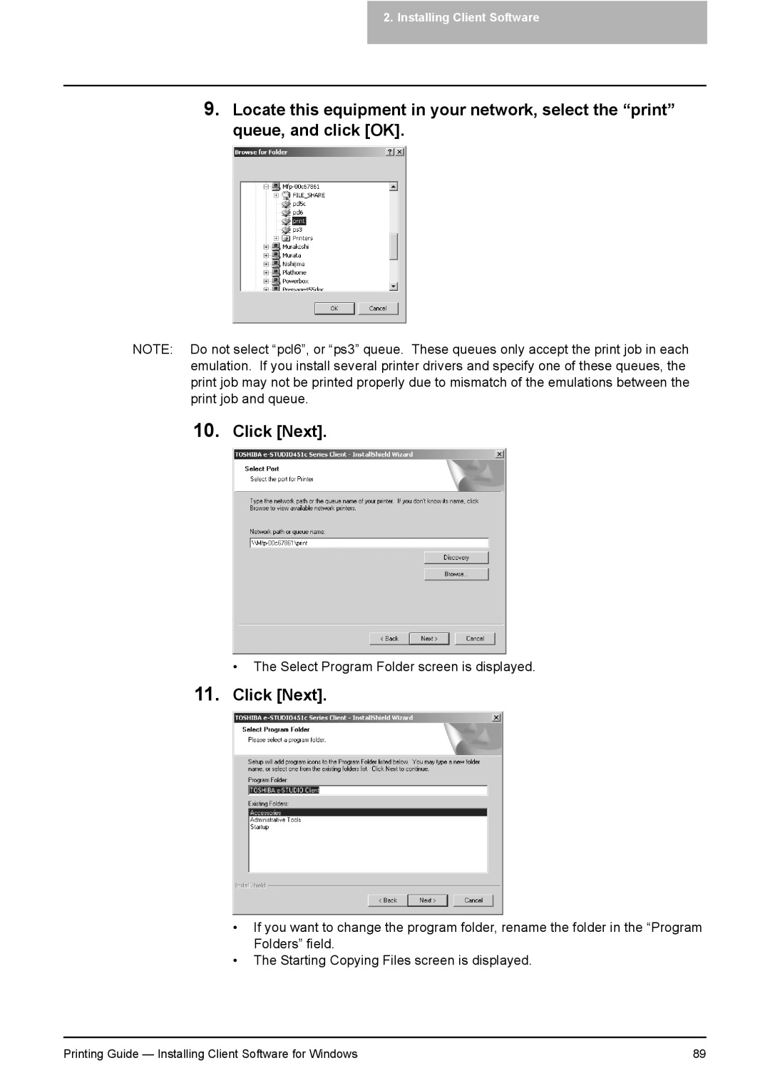 Toshiba 351C, 451C, 281C manual Select Program Folder screen is displayed 