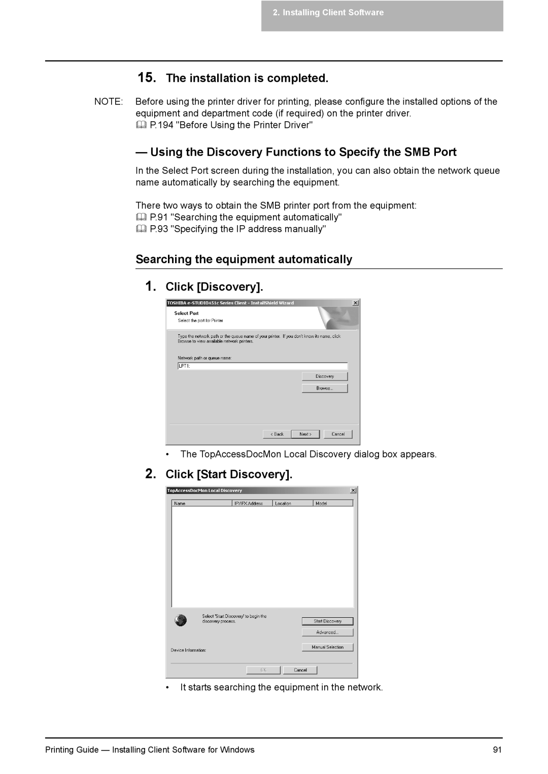 Toshiba 281C Using the Discovery Functions to Specify the SMB Port, Searching the equipment automatically Click Discovery 