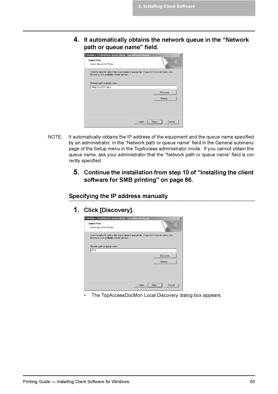 Toshiba 451C, 281C, 351C manual TopAccessDocMon Local Discovery dialog box appears 