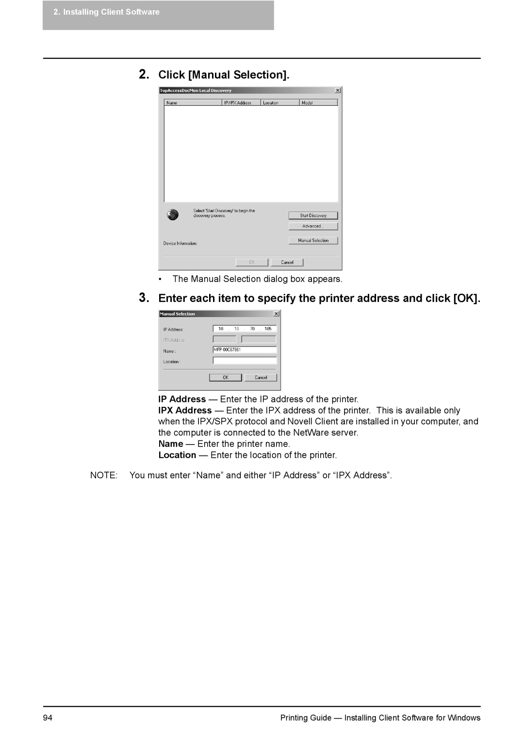 Toshiba 281C, 451C, 351C manual Click Manual Selection, Enter each item to specify the printer address and click OK 