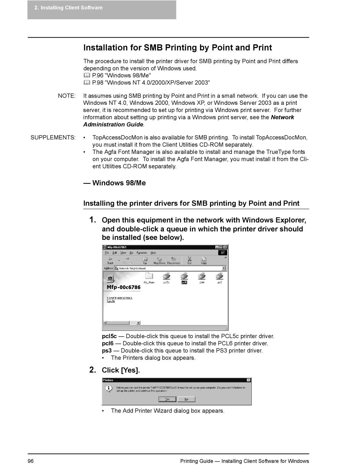 Toshiba 451C, 281C, 351C manual Installation for SMB Printing by Point and Print, Click Yes 