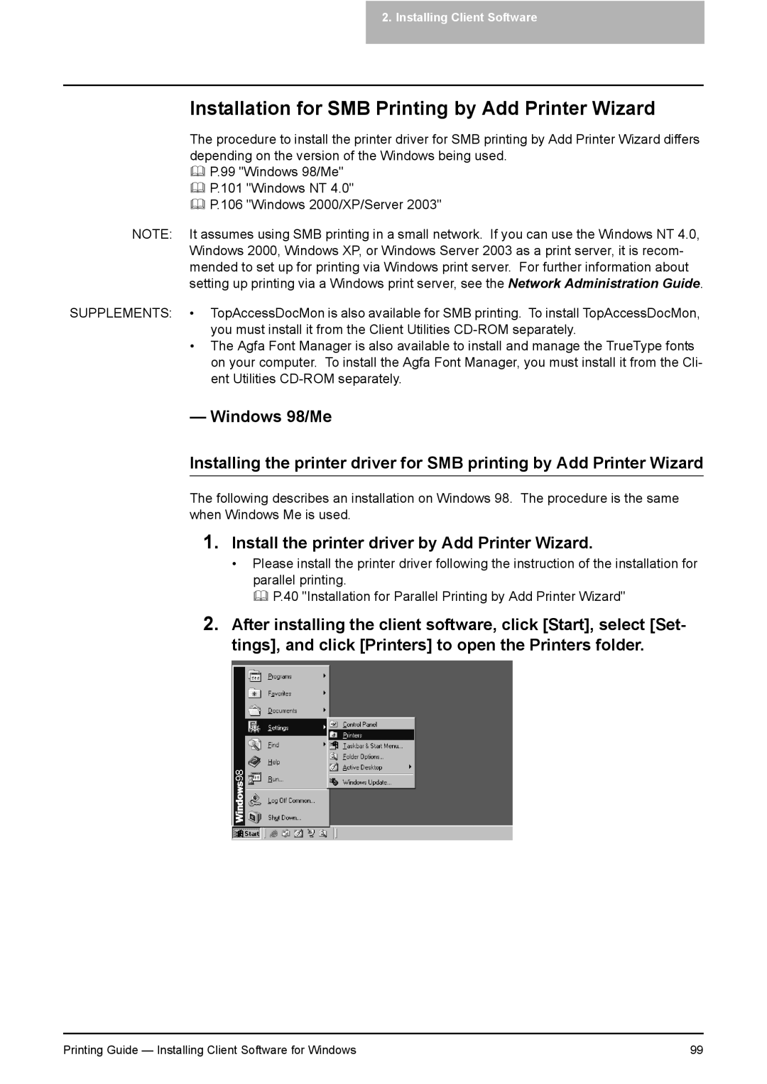 Toshiba 451C, 281C Installation for SMB Printing by Add Printer Wizard, Install the printer driver by Add Printer Wizard 