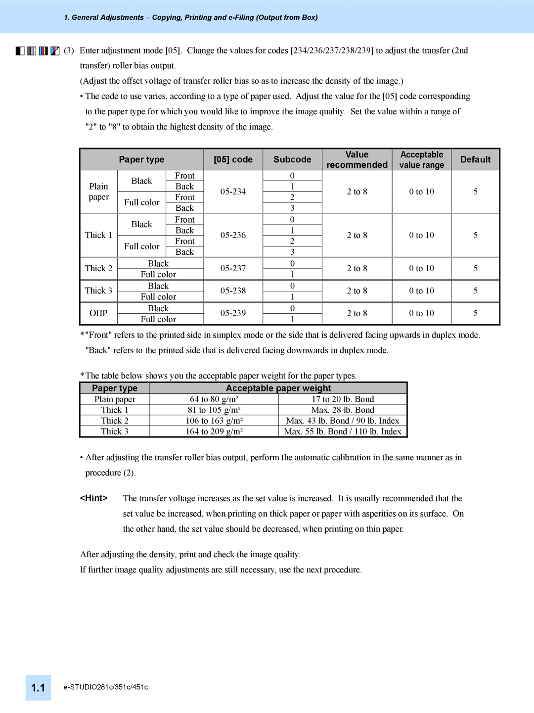 Toshiba 351C, 451C, e-STUDIO281c manual Paper type Code Subcode Value Acceptable Default, Paper type Acceptable paper weight 