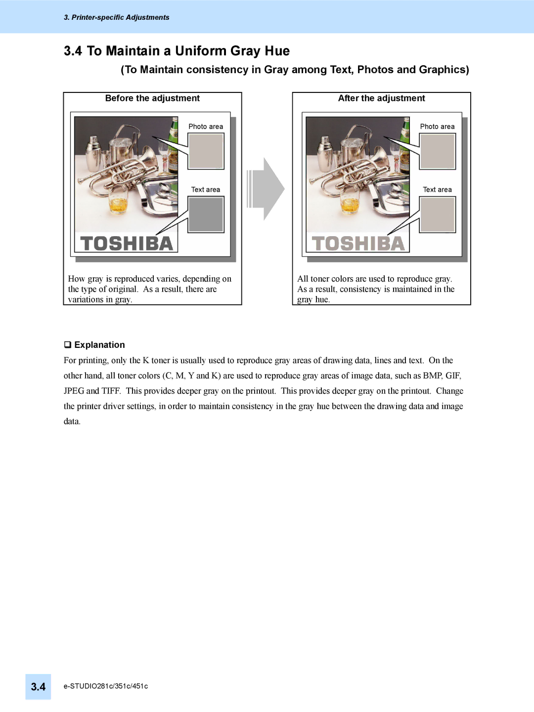 Toshiba 451C, 351C, e-STUDIO281c manual To Maintain a Uniform Gray Hue, Before the adjustment After the adjustment 