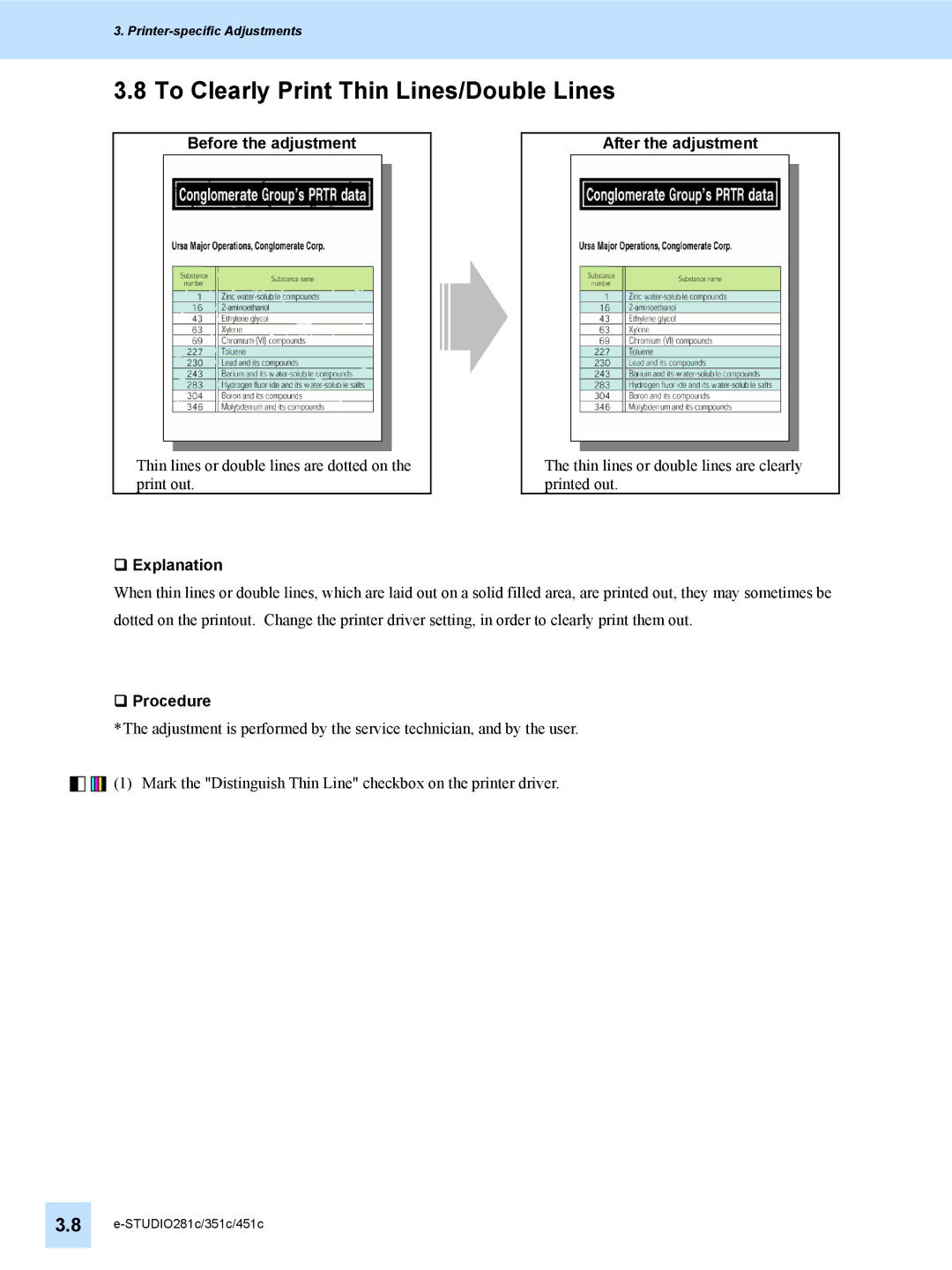 Toshiba 351C, 451C, e-STUDIO281c manual To Clearly Print Thin Lines/Double Lines, Before the adjustment 