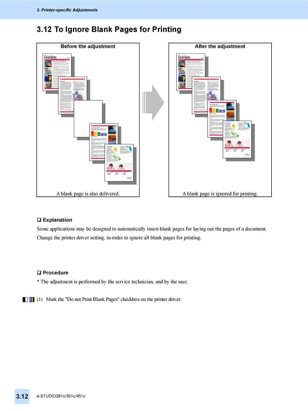 Toshiba e-STUDIO281c, 451C, 351C manual To Ignore Blank Pages for Printing, Before the adjustment After the adjustment 
