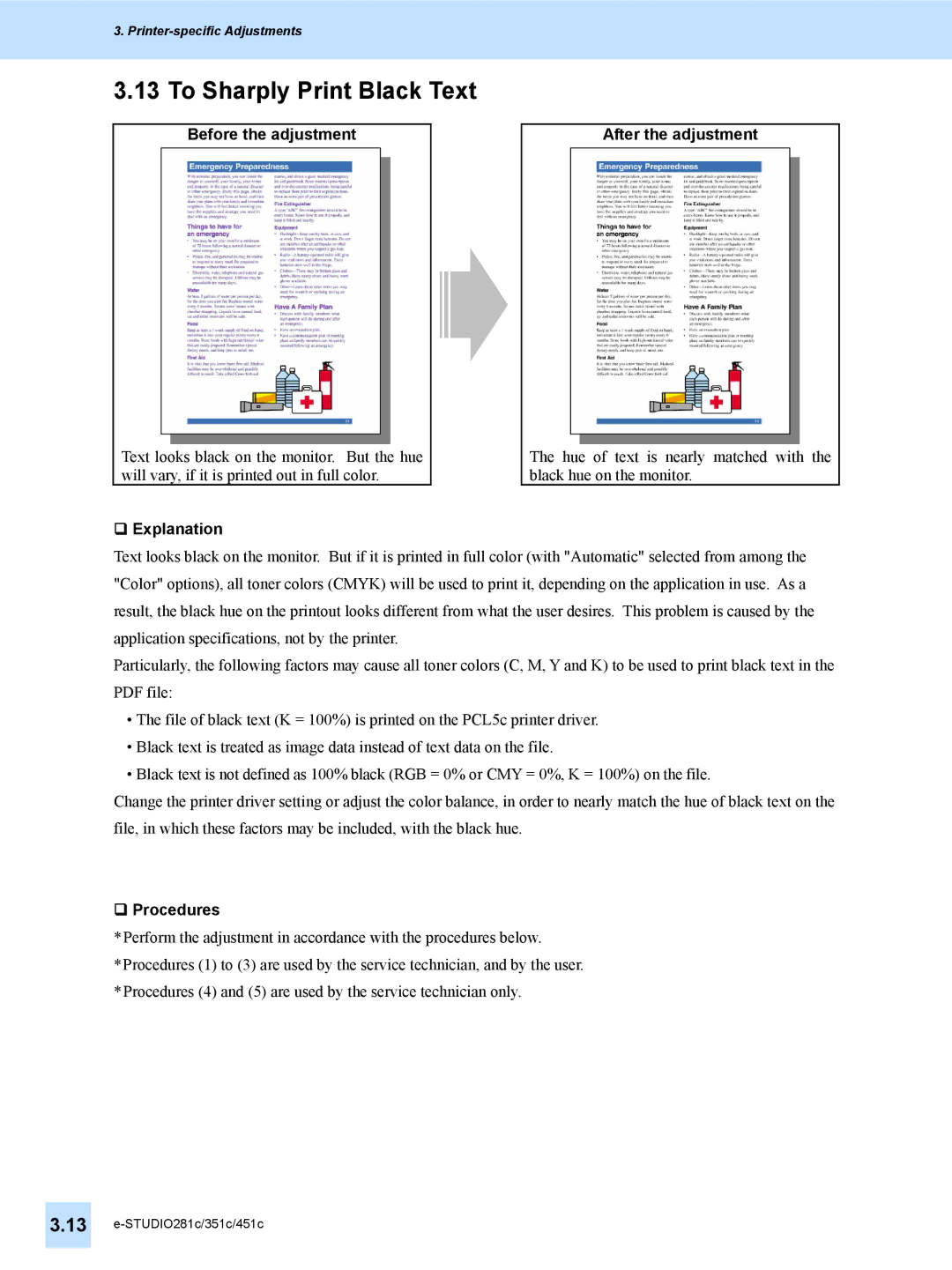 Toshiba 451C, 351C, e-STUDIO281c manual To Sharply Print Black Text, Before the adjustment 