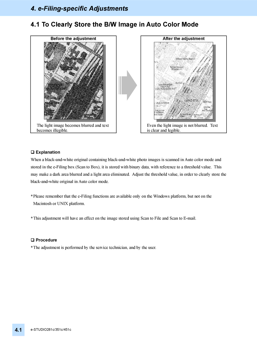 Toshiba e-STUDIO281c, 451C, 351C manual Filing-specific Adjustments, To Clearly Store the B/W Image in Auto Color Mode 