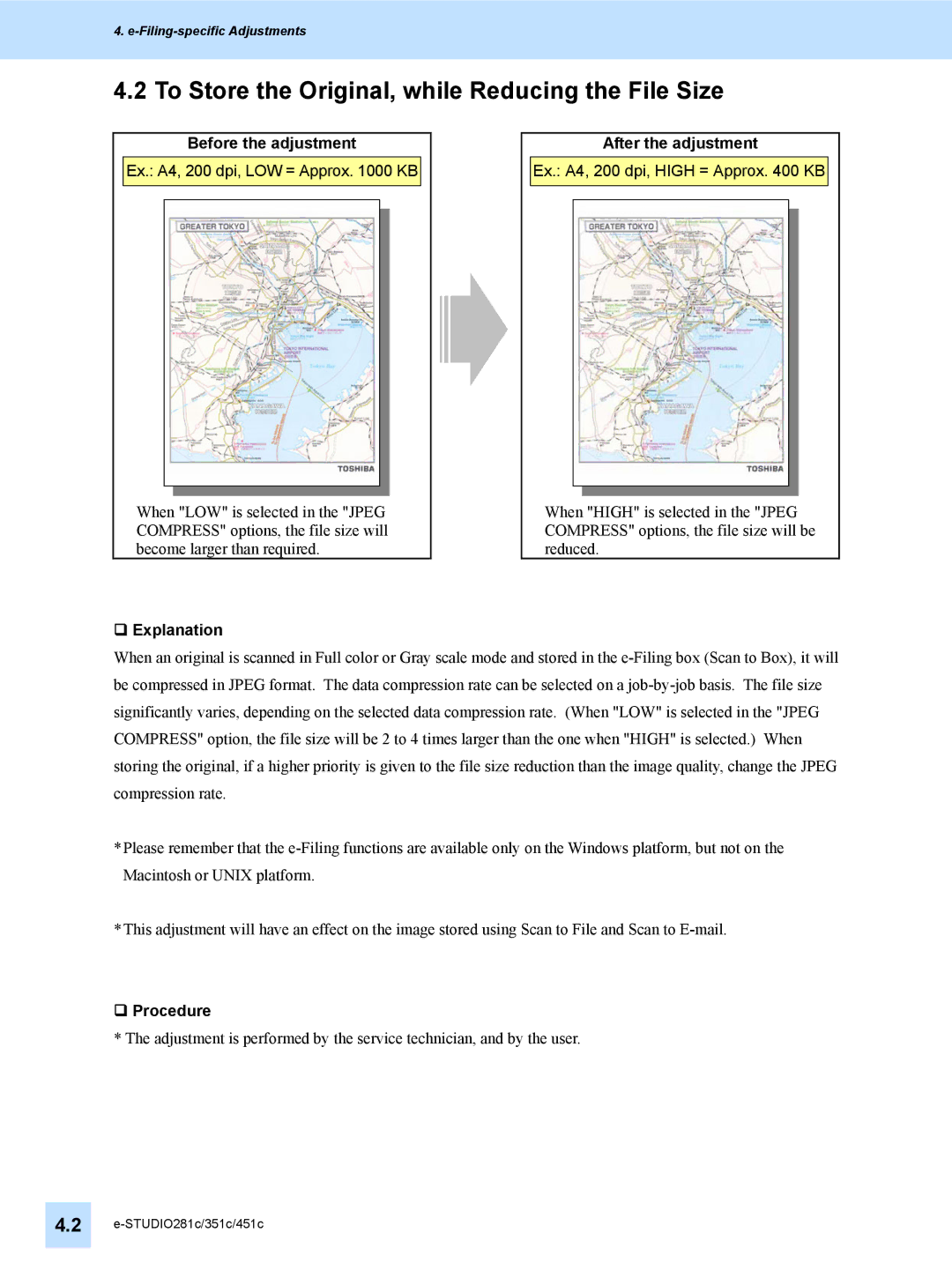 Toshiba 351C, 451C, e-STUDIO281c manual To Store the Original, while Reducing the File Size, Ex. A4, 200 dpi, LOW = Approx KB 