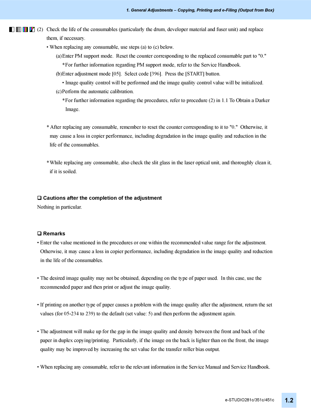 Toshiba 451C, 351C, e-STUDIO281c manual ‰ Cautions after the completion of the adjustment 