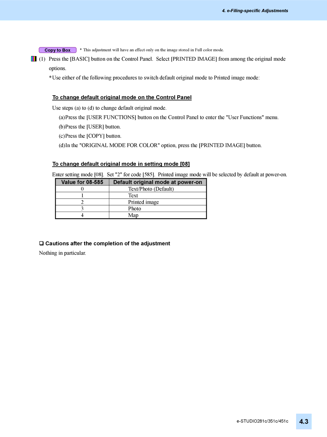 Toshiba 351C, 451C, e-STUDIO281c manual To change default original mode on the Control Panel 