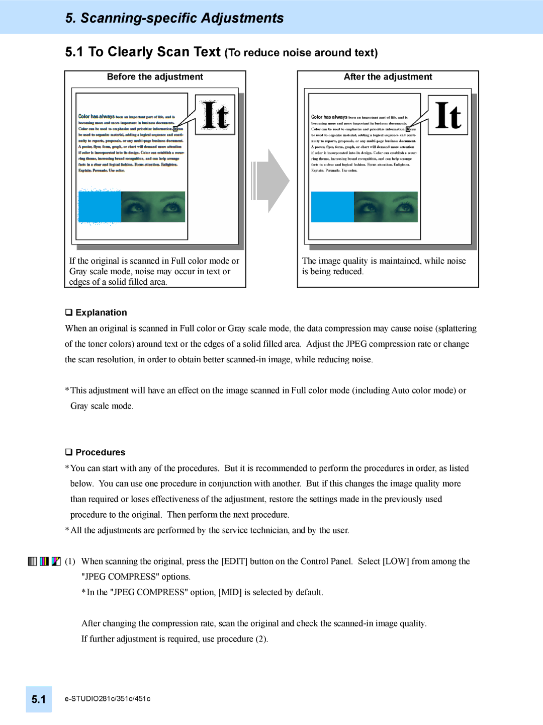 Toshiba e-STUDIO281c, 451C, 351C manual Scanning-specific Adjustments, To Clearly Scan Text To reduce noise around text 