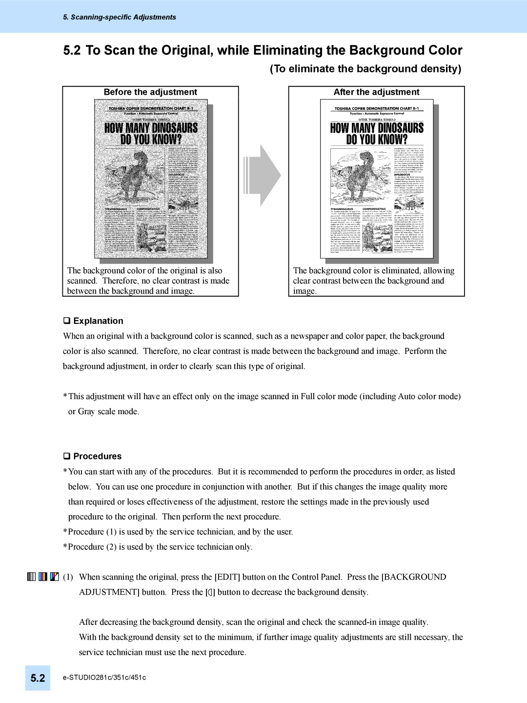 Toshiba 351C, 451C manual To Scan the Original, while Eliminating the Background Color, To eliminate the background density 