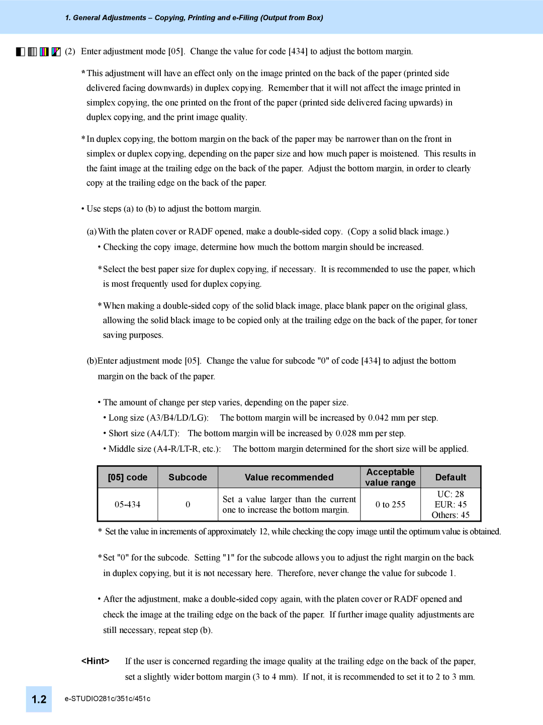 Toshiba 451C, 351C, e-STUDIO281c manual Code Subcode Value recommended Acceptable Default 