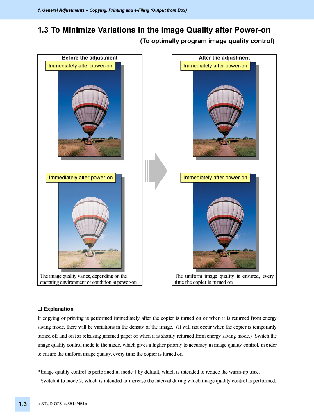 Toshiba e-STUDIO281c, 451C To Minimize Variations in the Image Quality after Power-on, ‰ Explanation After the adjustment 