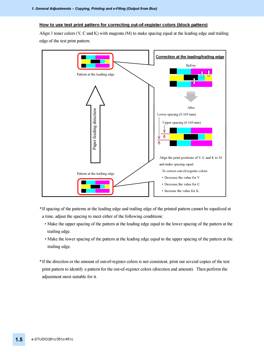 Toshiba e-STUDIO281c, 451C, 351C manual Correction at the leading/trailing edge 