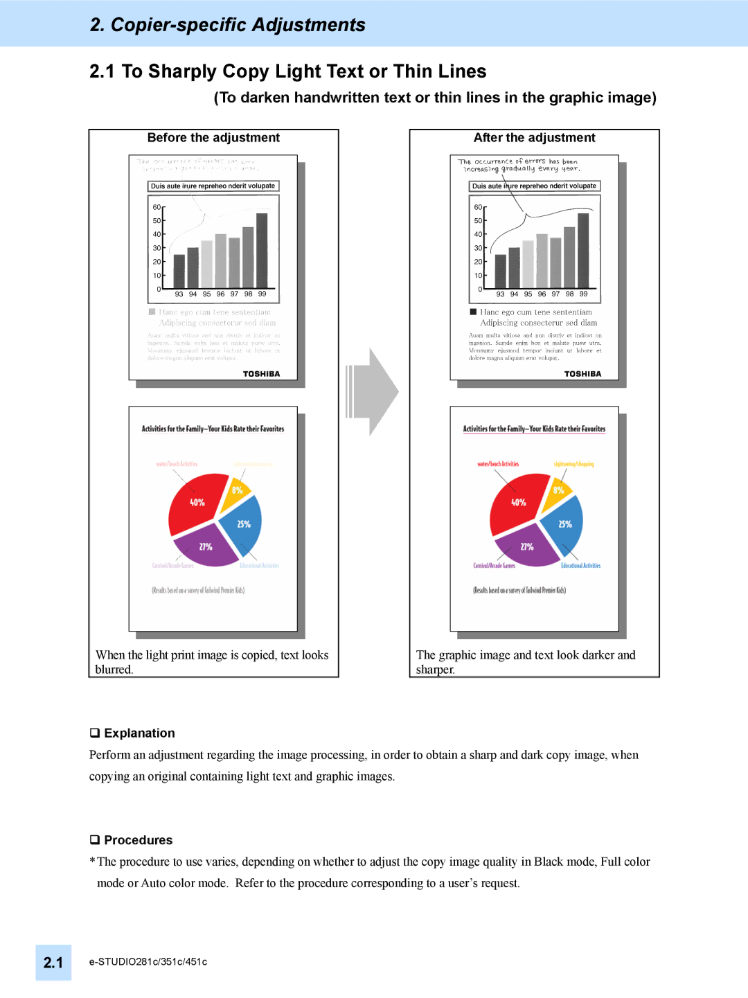 Toshiba 351C, 451C, e-STUDIO281c manual Copier-specific Adjustments, To Sharply Copy Light Text or Thin Lines 