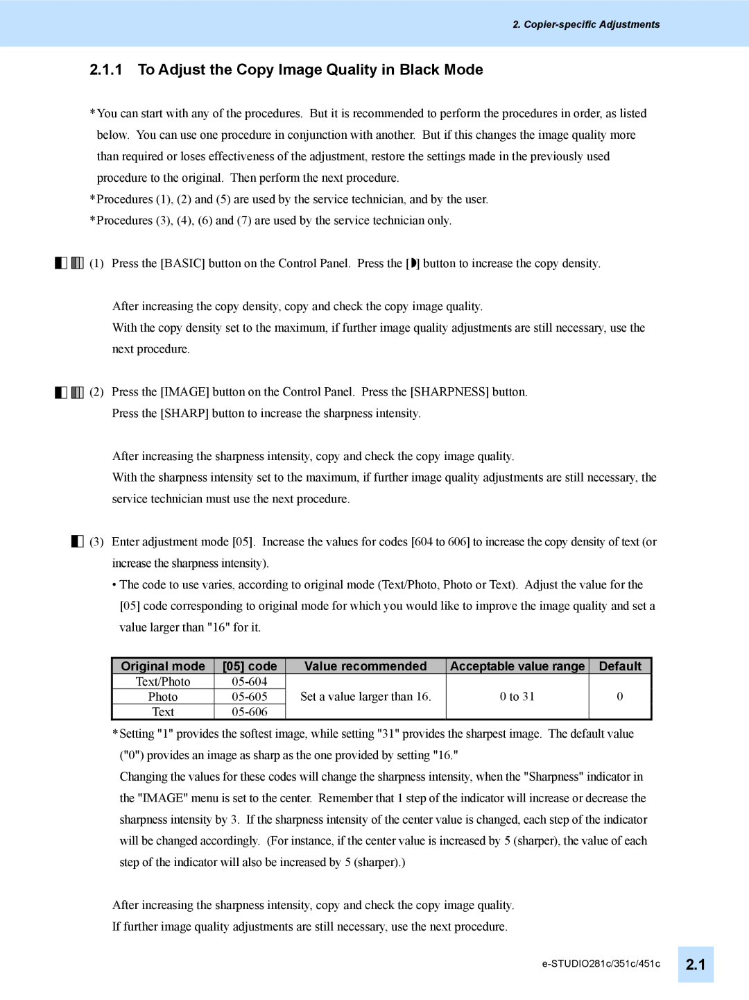 Toshiba e-STUDIO281c, 451C, 351C manual To Adjust the Copy Image Quality in Black Mode, Original mode Code Value recommended 