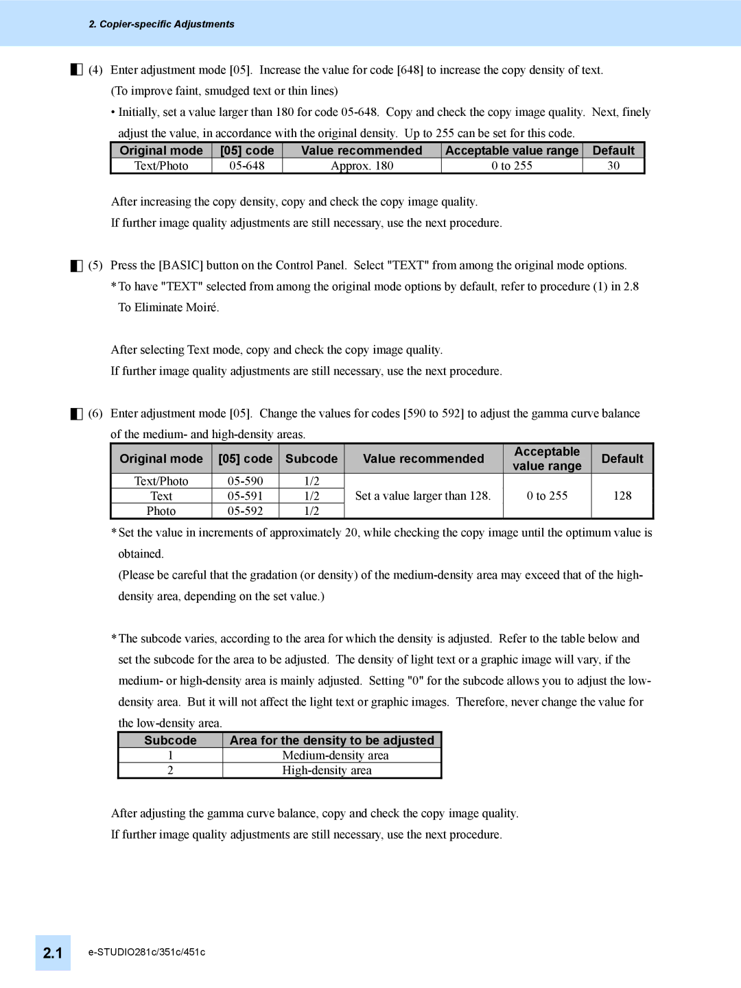 Toshiba 451C, 351C, e-STUDIO281c manual Subcode Area for the density to be adjusted 