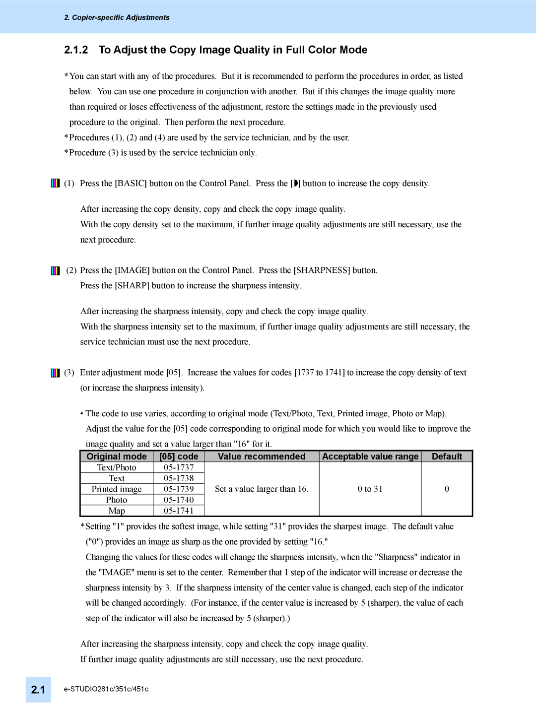 Toshiba e-STUDIO281c, 451C, 351C manual To Adjust the Copy Image Quality in Full Color Mode 