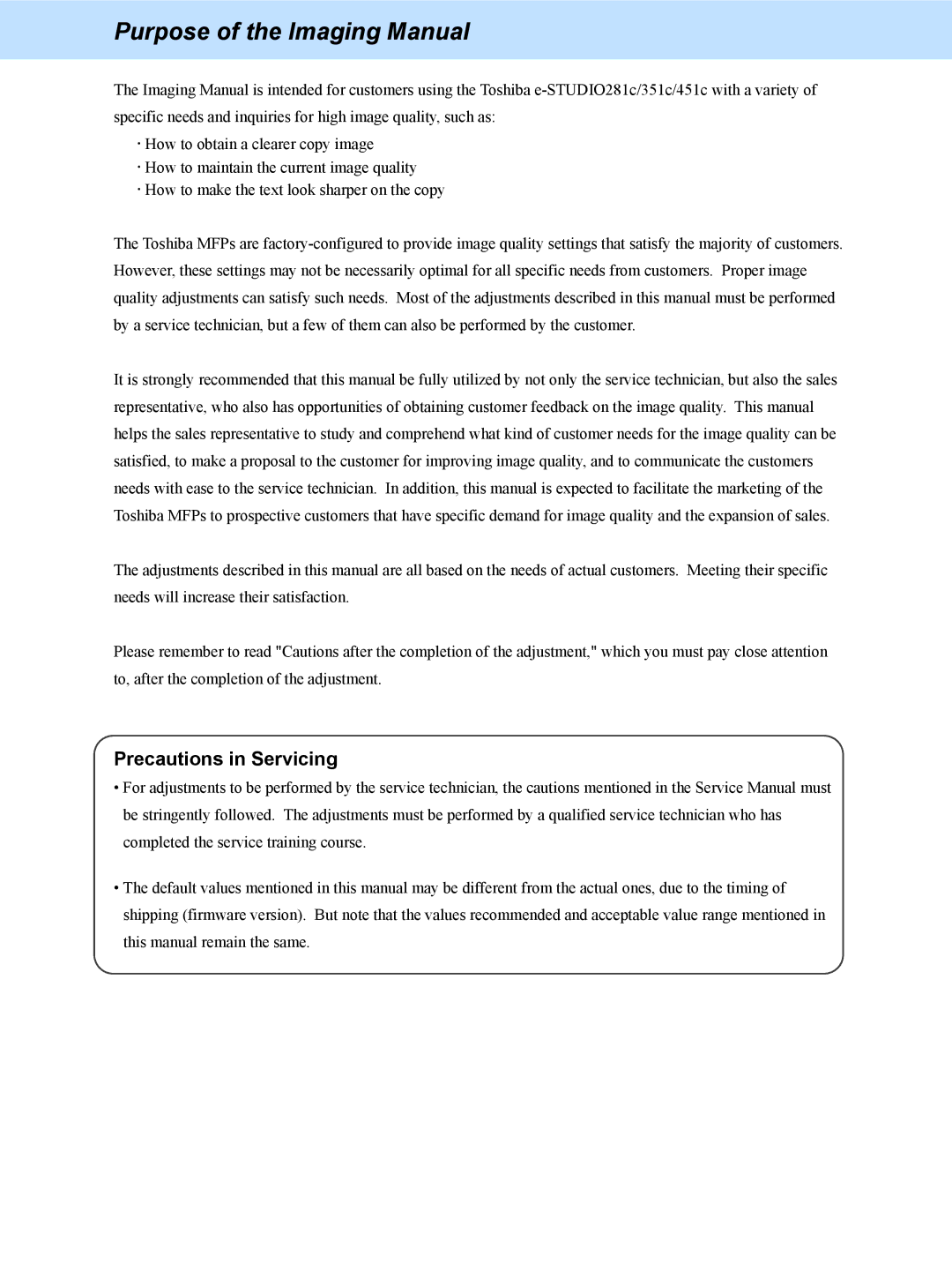 Toshiba 351C, 451C, e-STUDIO281c manual Purpose of the Imaging Manual, Precautions in Servicing 