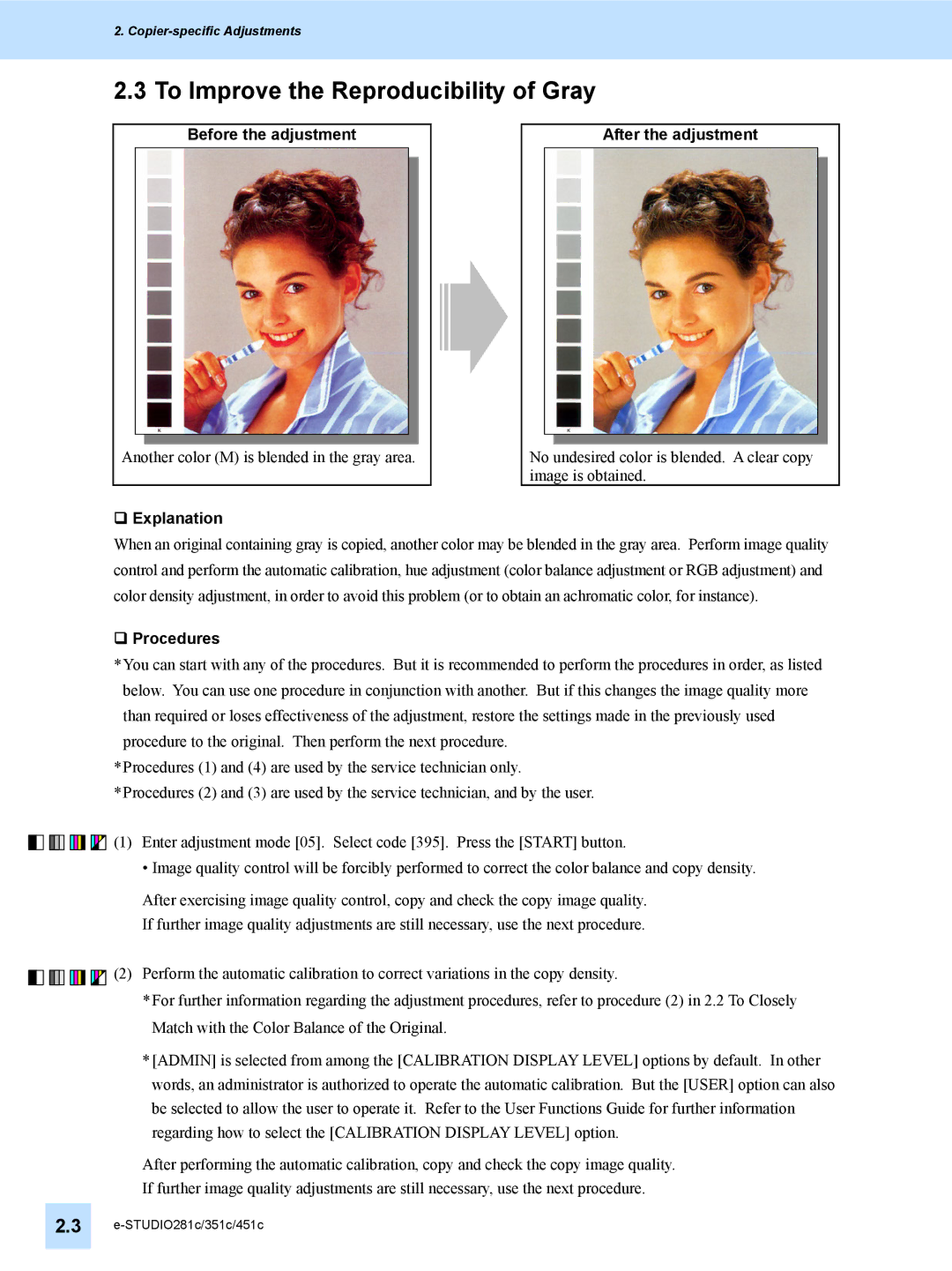 Toshiba 351C, 451C, e-STUDIO281c manual To Improve the Reproducibility of Gray, Before the adjustment After the adjustment 