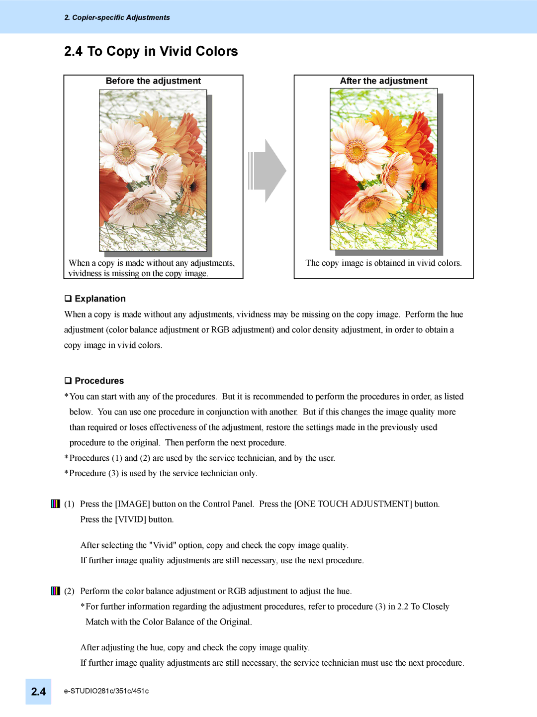 Toshiba 451C, 351C, e-STUDIO281c manual To Copy in Vivid Colors, Before the adjustment 